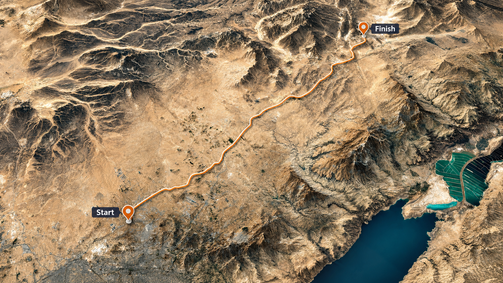 Aerial view of a proposed road route in Jordan, marked from start to finish